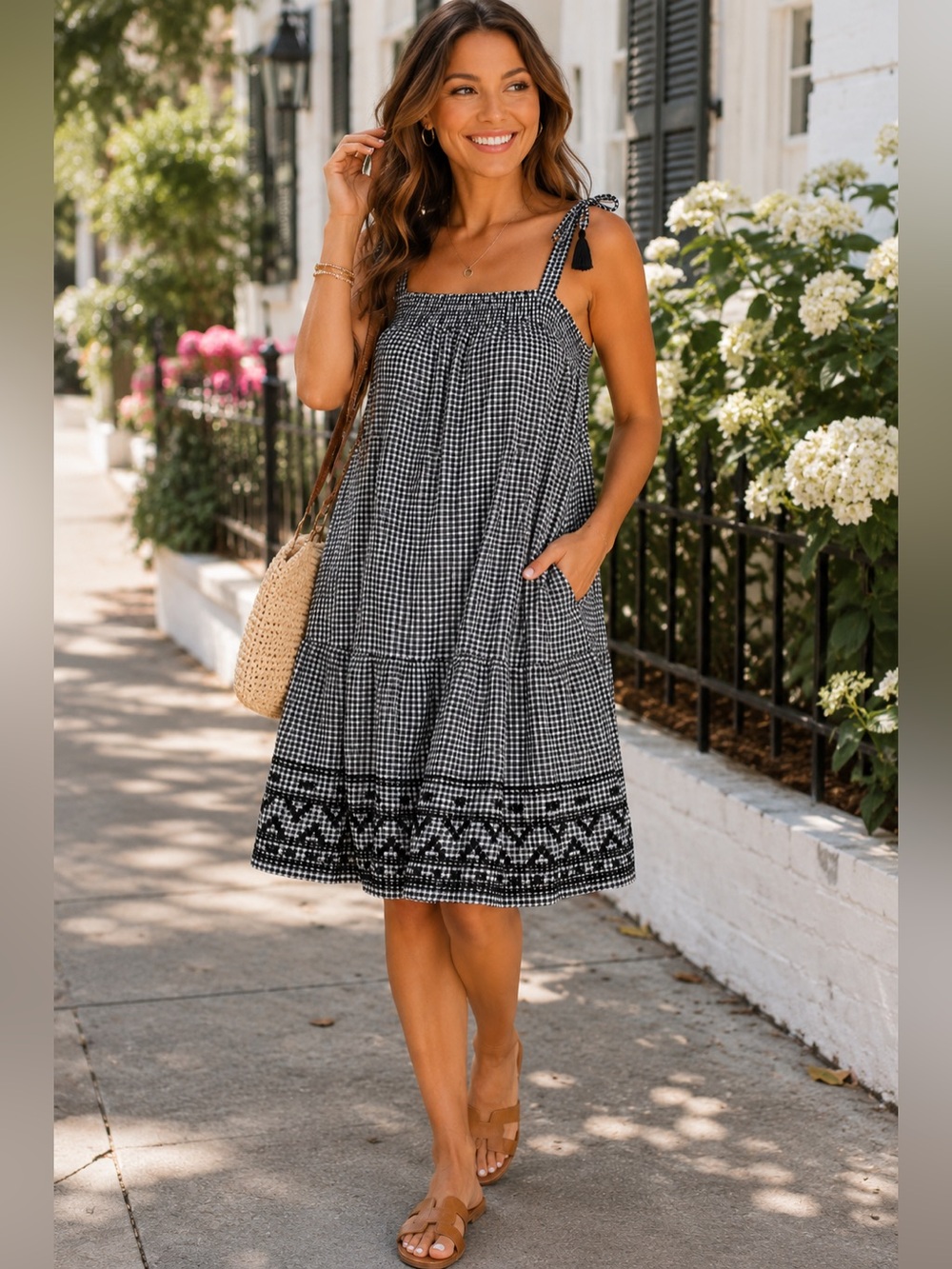 Old Navy Sleeveless Tiered Gingham Swing
Mini Dress with embroidered bottom